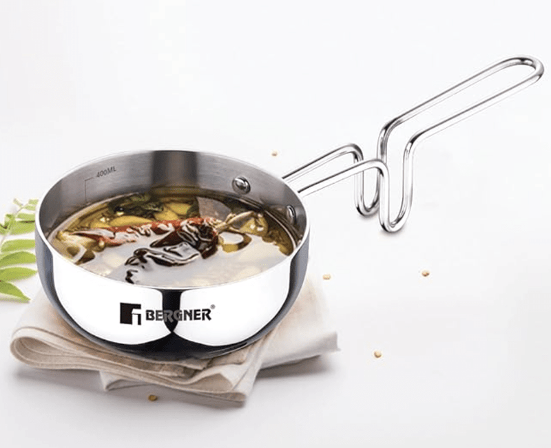 Bergner TriPro TriPly Stainless Steel 12cm Tadka Pan, 500ml Capacity, For Spice Tempering/Seasoning, Long Wire Handle, Laser-Etched Scale, Smooth Finished Surface, Induction Bottom and Gas Stove Ready-1