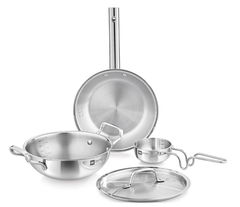 Bergner BE Essentials TriPly Stainless Steel 4 Pcs Cookware Set, 22cm Kadai (2 litres) with Common Lid, 22cm Frypan (1.1 Litre), 10cm Tadka Pan, Even Heating - Induction Bottom and Gas Stove Ready-1