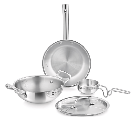 Bergner BE Essentials TriPly Stainless Steel 4 Pcs Cookware Set, 22cm Kadai (2 litres) with Common Lid, 22cm Frypan (1.1 Litre), 10cm Tadka Pan, Even Heating - Induction Bottom and Gas Stove Ready
