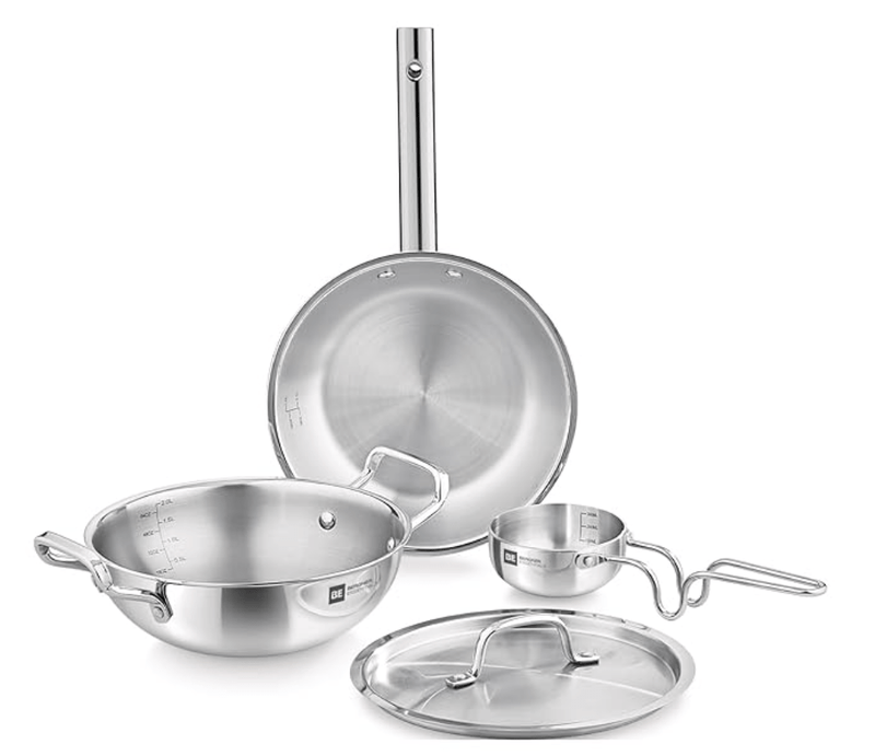 Bergner BE Essentials TriPly Stainless Steel 4 Pcs Cookware Set, 22cm Kadai (2 litres) with Common Lid, 22cm Frypan (1.1 Litre), 10cm Tadka Pan, Even Heating - Induction Bottom and Gas Stove Ready-1