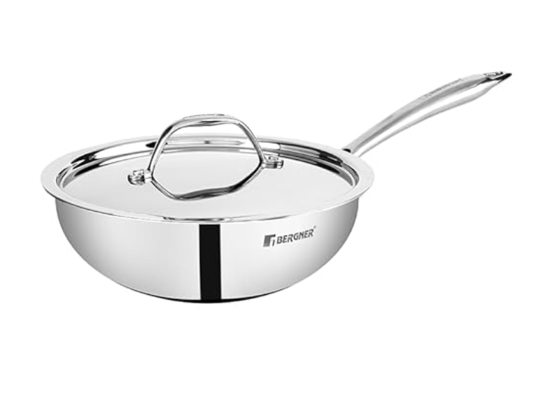 பெர்க்னர் அர்ஜென்ட் டிரிப்ளி 22 செ.மீ வோக், 2.2 லிட்டர் கொள்ளளவு, ஸ்டெயின்லெஸ் ஸ்டீல் மூடி, ஸ்டிர்-ஃப்ரை/சாட்/நூடுல்ஸ்/வெப்பத்தை எதிர்க்கும் கைப்பிடி, பல அடுக்கு கண்ணாடி பூச்சு, தூண்டல் &amp; எரிவாயு தயார் 