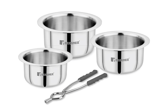 Bergner Argent Triply 18/10 Stainless Steel 3 Pcs Tope Set - 3 Topes with Sizes 18cm (2.4L), 22cm (4L), 24cm (6.1L), Free Pakkad, Flared Rim, Dishwasher Safe, Full Induction Bottom and Gas Stove Ready