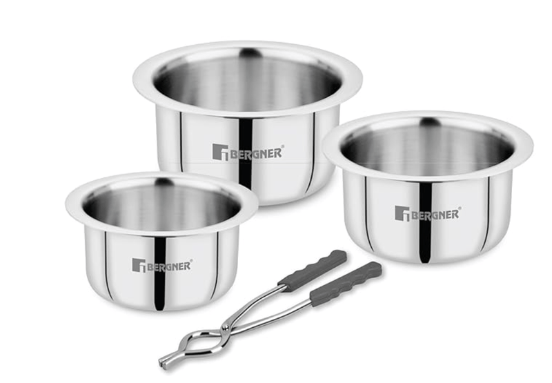 Bergner Argent Triply 18/10 Stainless Steel 3 Pcs Tope Set - 3 Topes with Sizes 18cm (2.4L), 22cm (4L), 24cm (6.1L), Free Pakkad, Flared Rim, Dishwasher Safe, Full Induction Bottom and Gas Stove Ready-1