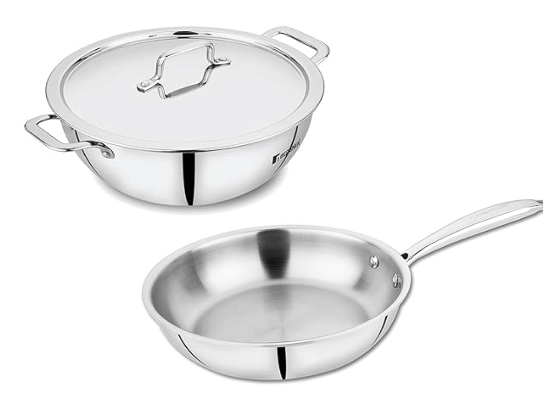 Bergner Tripro Triply 3 Pc Cookware Set, 22 cm Deep Kadai, 20 cm Fry Pan, 1X Stainless Steel Lid, Stay Cool Handles, Induction & Gas Ready, Multi-Layer Polish Surface