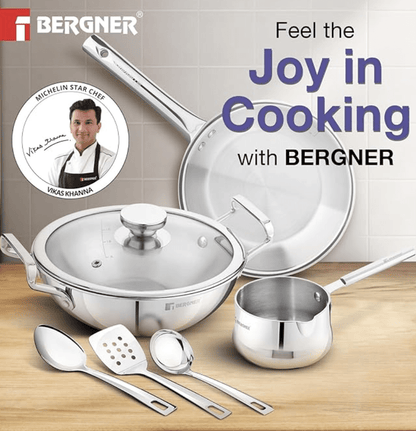 Bergner TriPro 7 Pcs Triply Stainless Steel Induction Bottom Cookware Set, 22cm (2L) Kadai, 22cm (1L) Frypan with Dome Shaped Common Glass Lid, 12cm (0.9L) Coffee Warmer, Ladle, Serving Spoon, Turner