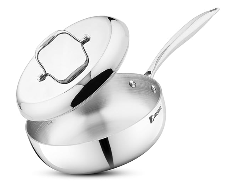 Bergner Argent Saira Triply Stainless Steel 22 cm (2.5 Liters) Multi Purpose Frypan/Frying Pan with Curved Shape Lid and Welded Cast Handles, Less Oil Cooking - Induction Bottom and Gas Stove Ready-1