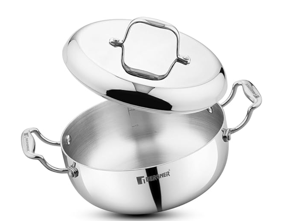Bergner Argent Saiba Triply Stainless Steel 22 cm (3 Liters) Multi Purpose Casserole/Stainless Steel Casserole with Curved Shape Lid and Welded Cast Handles, Less Oil Cooking - Induction Bottom