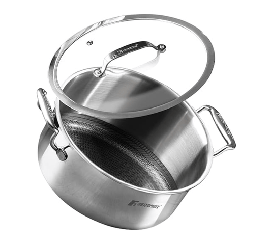 Bergner Hitech Triply Non-Stick 28 cm (8.2 L) Casserole with Flat Glass Lid, Non-Stick Mesh Pattern Inside, Rivetless Handles, Metal Spatula Friendly, Induction Bottom and Gas Stove Ready
