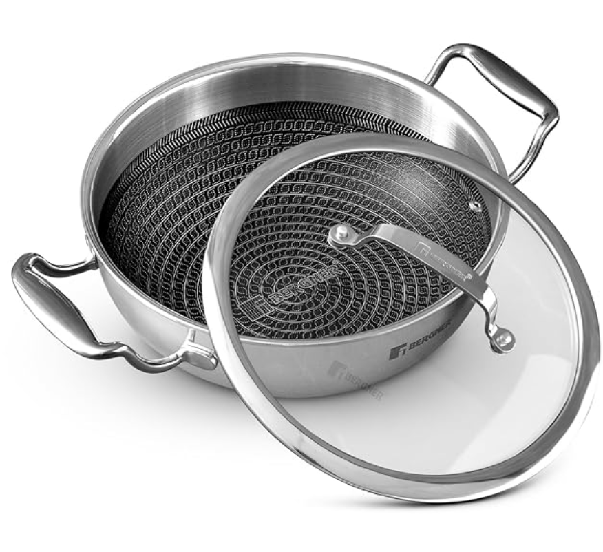 Bergner Hitech TriPly Stainless Steel 26 cm Kadai/Indian Wok with and Glass Lid, Kadhai with Non Stick Prism Technology, Induction Bottom and Gas Ready, Metal Spatula Friendly