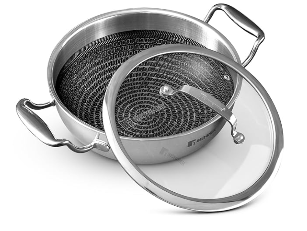 Bergner Hitech Triply Non-Stick 28 Cm(4.5 L) Kadai with Flat Glass Lid,Kadhai with Non-Stick Mesh Pattern Inside,Metal Spatula Friendly,Even Heat Distribution,Induction Bottom&Gas Stove Ready,Silver