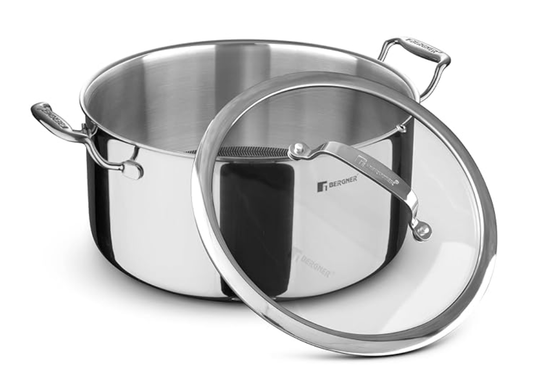 Bergner Hitech Triply Non-Stick 20 cm (3.1 L) Casserole with Flat Glass Lid, Non-Stick Mesh Pattern Inside, Rivetless Handles, Metal Spatula Friendly, Induction Bottom and Gas Stove Ready