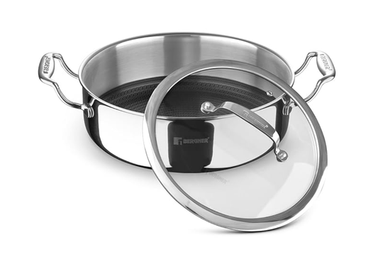 Bergner Hitech Triply Non-Stick 28 cm (5.7 L) Serving Pan with Flat Glass Lid, Non-Stick Mesh Pattern Inside, Metal Spatula Friendly, Even Heat Distribution, Induction Bottom and Gas Stove Ready