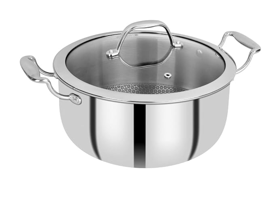 பெர்க்னர் ஹைடெக் ட்ரிப்ளி ஸ்டெயின்லெஸ் ஸ்டீல் கீறல் எதிர்ப்பு நான் ஸ்டிக் சர்விங் பான் வித் கிளாஸ் லிட், 28 செ.மீ, 5.7 லிட்டர், இண்டக்ஷன் பேஸ், ஃபுட் சேஃப் (PFOA இலவசம்), 5 வருட வாரண்டி, சில்வர் 