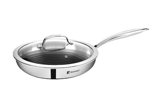 Bergner Hitech Triply Stainless Steel Non Stick Prism Frypan, 24 cm, Induction Bottom, Gas Ready, Metal Spatula Friendly