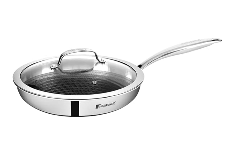Bergner Hitech TriPly Stainless Steel 22 cm Frypan with Glass Lid and, Non Stick Prism Technology, Induction Bottom and Gas Ready, Metal Spatula Friendly, 2-Year Warranty-1