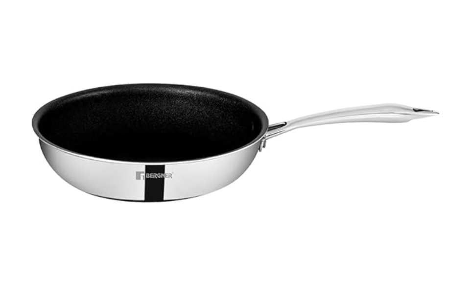 BERGNER Hitech-Peek Triply Stainless Steel Sautepan/Deep Frypan 24 cm with Steel Lid, Non Stick Performance Coating, Induction Bottom, Gas Ready, Metal Spatula Friendly