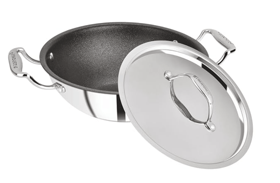 Bergner Hitech-Peek Triply Stainless Steel Kadai/Indian Wok with Steel Lid, 20 cm, Non Stick Performance Coating, Induction Bottom, Gas Ready, Metal Spatula Friendly