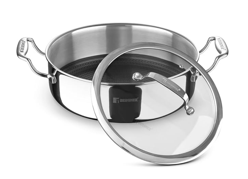 Bergner Hitech Triply Non-Stick 28 cm (5.7 L) Serving Pan with Flat Glass Lid, Non-Stick Mesh Pattern Inside, Metal Spatula Friendly, Even Heat Distribution, Induction Bottom and Gas Stove Ready-1