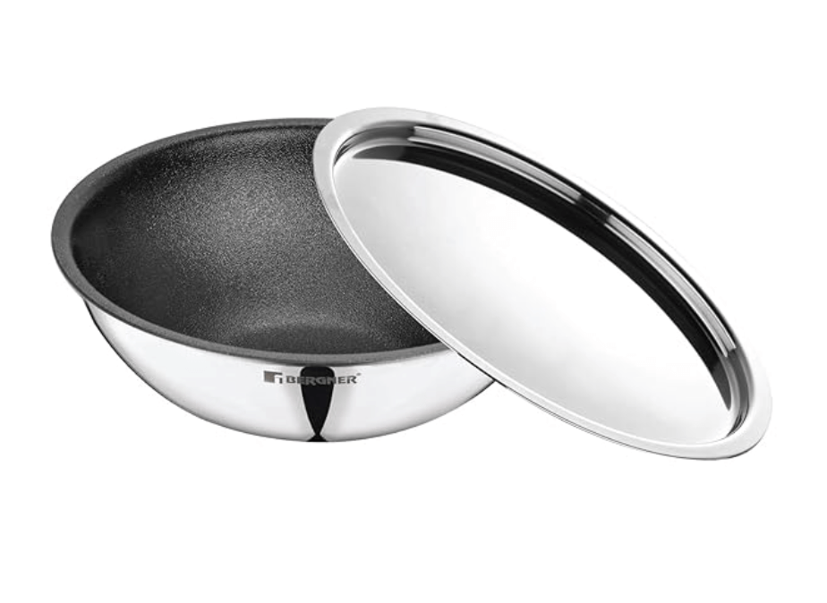 BERGNER Hitech-Peek Triply Stainless Steel Tasla/Tasra Kadai with Steel Lid, 26 cm, Non Stick Performance Coating, Induction Bottom, Gas Ready, Metal Spatula Friendly