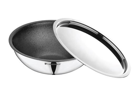 बर्गनर हाईटेक-पीक ट्रिपली स्टेनलेस स्टील तसला/तसरा कढ़ाई स्टील ढक्कन के साथ, 26 सेमी, नॉन-स्टिक परफॉरमेंस कोटिंग, इंडक्शन बॉटम, गैस रेडी, मेटल स्पैचुला फ्रेंडली 