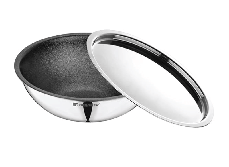 BERGNER Hitech-Peek Triply Stainless Steel Tasla/Tasra Kadai with Steel Lid, 26 cm, Non Stick Performance Coating, Induction Bottom, Gas Ready, Metal Spatula Friendly-1