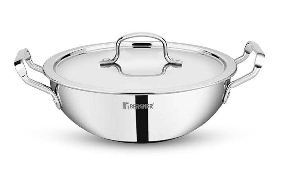 BERGNER Tripro TriPly Stainless Steel 26cm Deep Kadai with Lid, 3.5 L Kadhai, Stay Cool Handles, Heavy Bottom, Metal Spatula Friendly, Induction Base and Gas Ready (5-Year Warranty