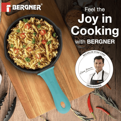 BERGNER Eco Cast Iron 15cm Skillet, Pre-Seasoned Loha Frypan, Even Heat Distributor, Retains Heat to Enhance Flavor, Comes with Silicone Sleeve, Healthy Cooking - Induction Base and Gas Stove Ready