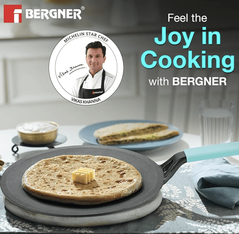 BERGNER Eco Cast Iron 26cm Roti Tawa, Pre-Seasoned Iron Tawa for Chapati/Phulka, Even Heat Distributor, Retains Heat to Enhance Flavor, Comes with Silicone Sleeve - Induction Base and Gas Stove Ready-2