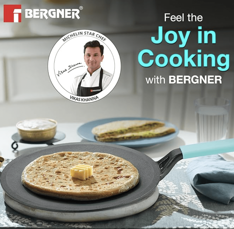 BERGNER Eco Cast Iron 26cm Roti Tawa, Pre-Seasoned Iron Tawa for Chapati/Phulka, Even Heat Distributor, Retains Heat to Enhance Flavor, Comes with Silicone Sleeve - Induction Base and Gas Stove Ready-2
