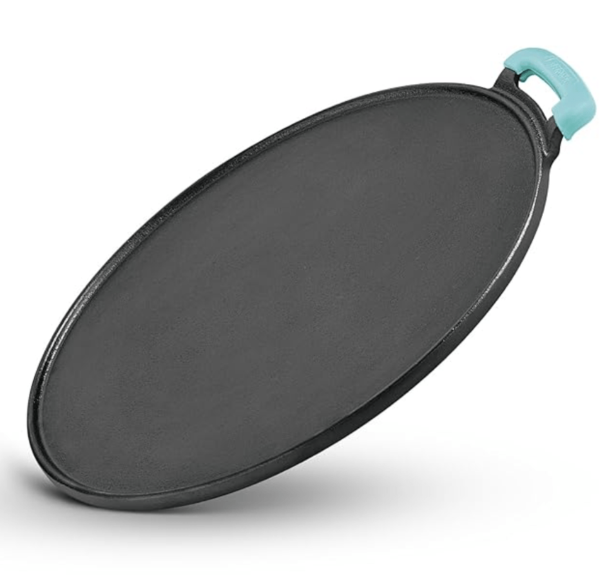 BERGNER Eco Cast Iron 30cm Flat Multi Tawa with One Sided Handle, Pre-Seasoned, Dosa Kallu, 12 inch Loha Tawa, Even Heat Distributor, Comes with Silicone Sleeve - Induction Base and Gas Stove Ready