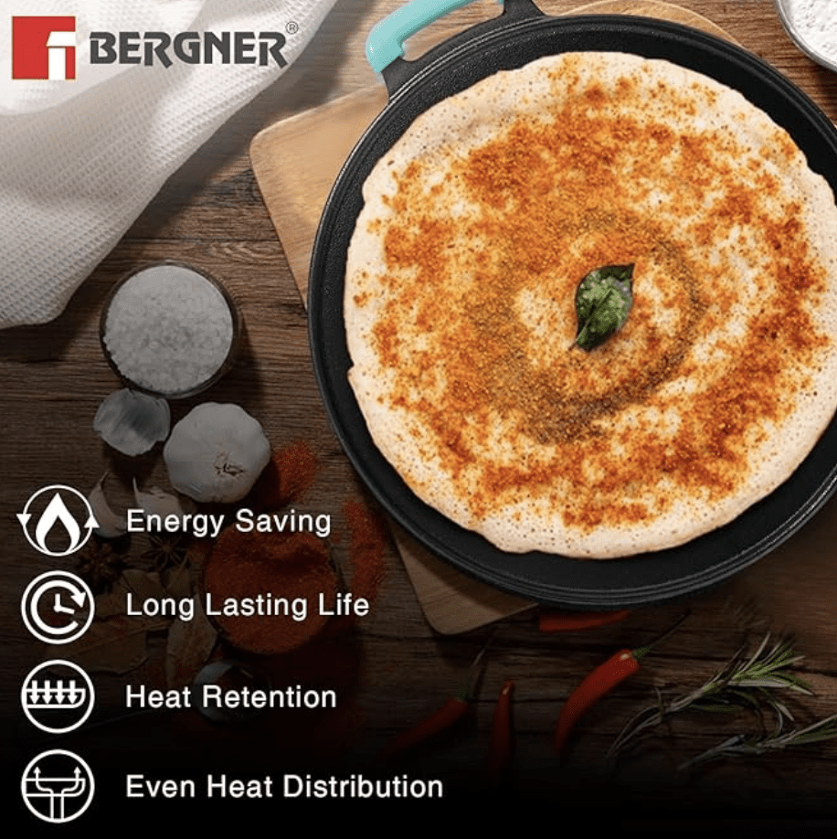 BERGNER Eco Cast Iron 30cm Flat Multi Tawa with One Sided Handle, Pre-Seasoned, Dosa Kallu, 12 inch Loha Tawa, Even Heat Distributor, Comes with Silicone Sleeve - Induction Base and Gas Stove Ready