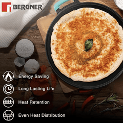 BERGNER Eco Cast Iron 30cm Flat Multi Tawa with One Sided Handle, Pre-Seasoned, Dosa Kallu, 12 inch Loha Tawa, Even Heat Distributor, Comes with Silicone Sleeve - Induction Base and Gas Stove Ready-2