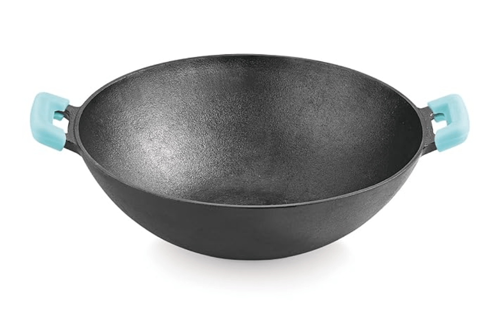 BERGNER Eco Cast Iron 24 cm Kadai, for Healthy Cooking, PreSeasoned, Even Heat Distributor, Retains Heat to Enhance Flavor, Comes with Silicone Sleeve, Induction Bottom and Gas Stove Ready