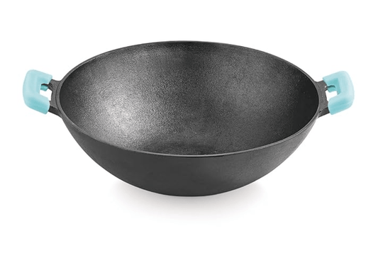 BERGNER Eco Cast Iron 24 cm Kadai, ஆரோக்கியமான சமையலுக்கு, முன் பருவம், சம வெப்ப விநியோகஸ்தர், சுவையை அதிகரிக்க வெப்பத்தைத் தக்கவைத்து, சிலிகான் ஸ்லீவ், இண்டக்ஷன் பாட்டம் மற்றும் கேஸ் ஸ்டவ் ரெடி உடன் வருகிறது. 