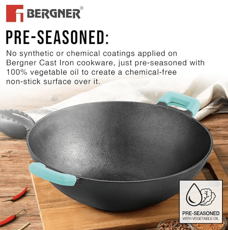 BERGNER Eco Cast Iron 24 cm Kadai, for Healthy Cooking, PreSeasoned, Even Heat Distributor, Retains Heat to Enhance Flavor, Comes with Silicone Sleeve, Induction Bottom and Gas Stove Ready