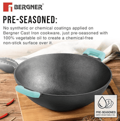 BERGNER Eco Cast Iron 24 cm Kadai, for Healthy Cooking, PreSeasoned, Even Heat Distributor, Retains Heat to Enhance Flavor, Comes with Silicone Sleeve, Induction Bottom and Gas Stove Ready-2