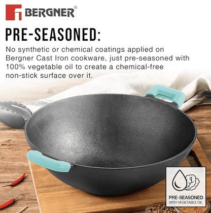 BERGNER Eco Cast Iron 24 cm Kadai, for Healthy Cooking, PreSeasoned, Even Heat Distributor, Retains Heat to Enhance Flavor, Comes with Silicone Sleeve, Induction Bottom and Gas Stove Ready