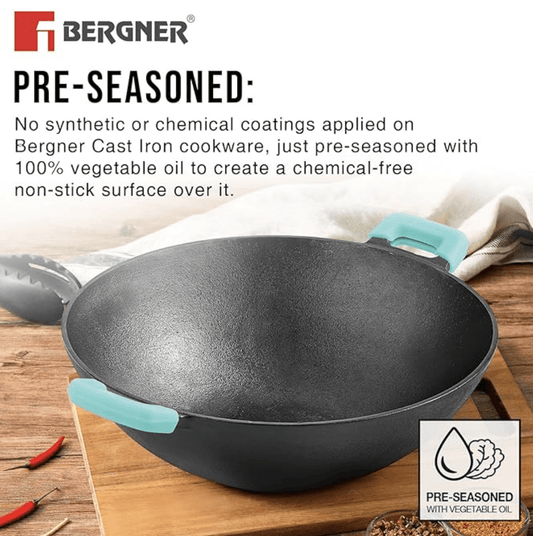 BERGNER Eco Cast Iron 24 cm Kadai, ஆரோக்கியமான சமையலுக்கு, முன் பருவம், சம வெப்ப விநியோகஸ்தர், சுவையை அதிகரிக்க வெப்பத்தைத் தக்கவைத்து, சிலிகான் ஸ்லீவ், இண்டக்ஷன் பாட்டம் மற்றும் கேஸ் ஸ்டவ் ரெடி உடன் வருகிறது. 