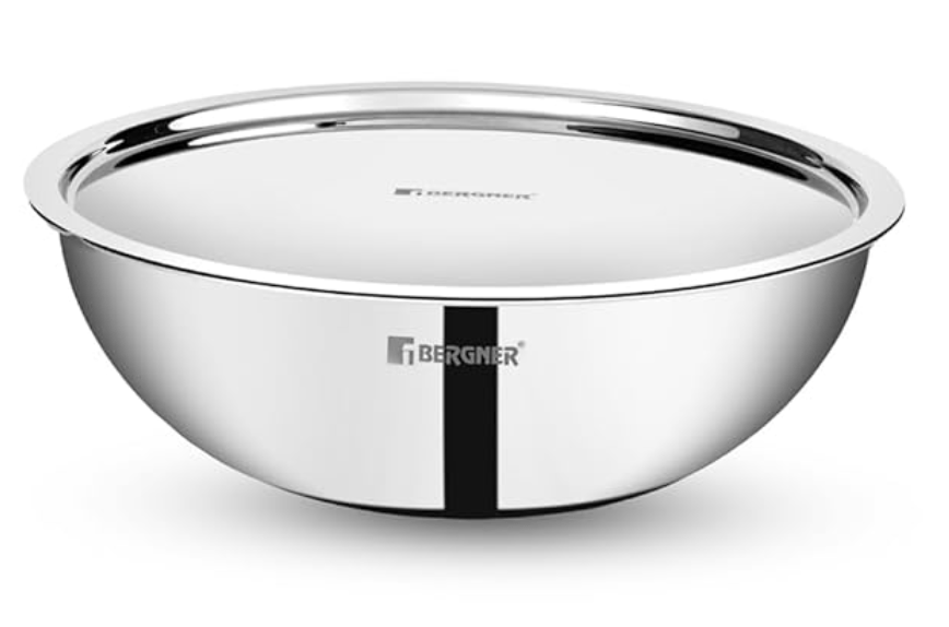 BERGNER Tripro Triply Stainless Steel 28 cm (3.9 litres) Tasra/Tasla Kadhai with Stainless Steel Lid, Heavy Bottom, Induction Base and Gas Stove Ready (5-Year Warranty