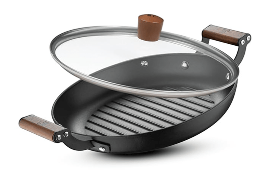 பெர்க்னர் ஒடின் 28 செ.மீ. வார்ப்பிரும்பு வட்ட வடிவ கிரில்டு பான், கண்ணாடி மூடியுடன், மரத்தால் பூசப்பட்ட கைப்பிடி, பார்பிக்யூ/டிக்கா/கபாப்/ஸ்கீவர்/சாண்ட்விச்/கிரில்டு ரேப், துருப்பிடிக்காத பூச்சு - இண்டக்ஷன் பாட்டம் மற்றும் கேஸ் ஸ்டவ் ரெடி 