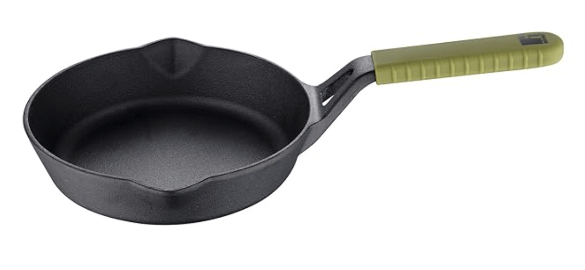 Bergner Elements Cast Iron 20 cm Fry Pan, Pre-Seasoned, for Searing/Browning/Caramelizing/Frying/Toasting, Olive Green Silicone Handle, Induction & Gas Ready