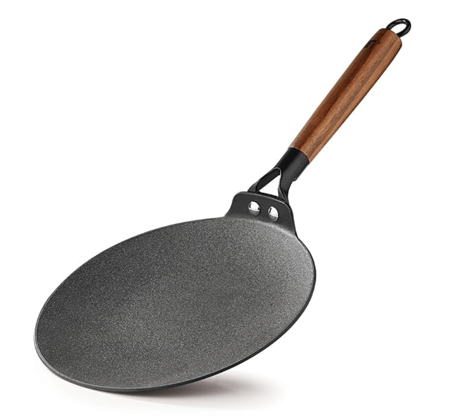 BERGNER Odin 26 cm Cast Iron Roti Tawa with Wooden Coated Handle, Loha Roti Tawa, for Chapatis/Rotis/Parathas, Rust Proof and Lightweight Iron, Enamel Finish, Induction Bottom and Gas Stove Ready