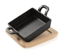 Bergner Cook & Share 12cm Cast Iron Mini Pan, Baking/Sizzler, Pre-Seasoned Cast Iron, Cook/Serve, For Roast/Bake/Caramelize/Serve/Share, With Wooden Tray, Less Oil Cooking, Induction & Gas Stove Ready-1