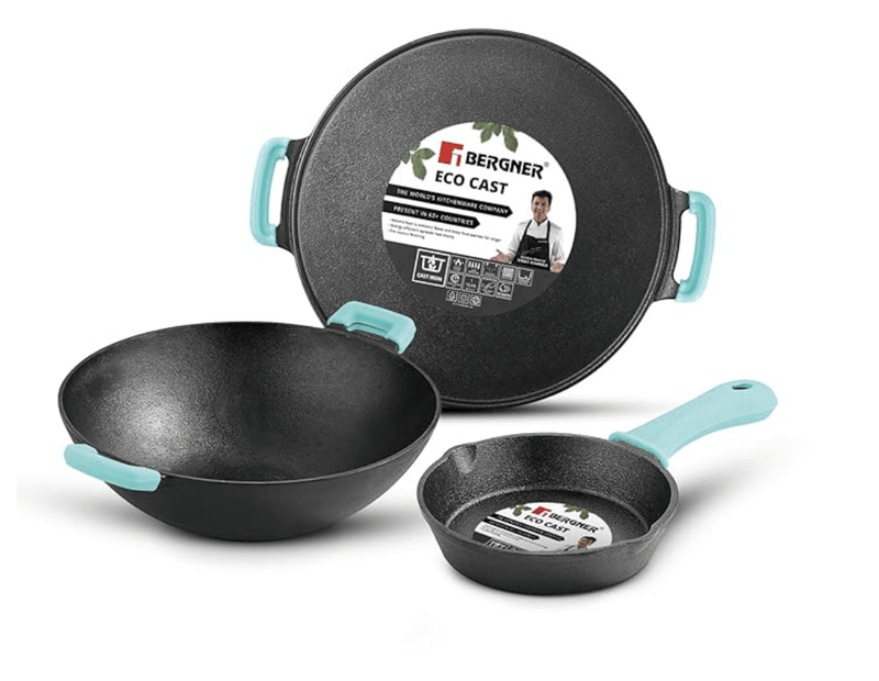 Bergner Eco Cast Iron 3 Pcs Cookware Set - 24cm Kadai, 19cm Frypan, 30cm Dosa Tawa, Cast Iron Kitchen Cooking Combo Pots Set, Pre-Seasoned Finishing, Even Heat Distribution, Hand Wash Recommended-1