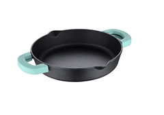 Bergner Elements Cast Iron 24 cm Baking Pan/Shallow Kadai, Pre-Seasoned, 1 L Capacity, for Roast/Bake/Pasta/Frittatas/Pudding/Rice, Teal Blue Silicone Grips, Induction & Gas Ready-1