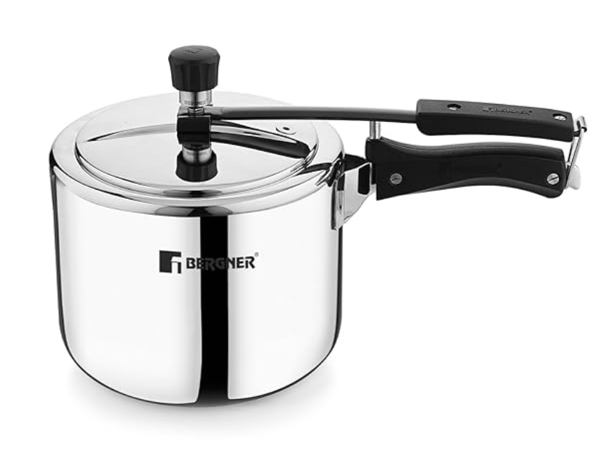Bergner Argent TriPly 18/8 Stainless Steel 2.5 Liters Inner Lid Pressure Cooker, Pressure Cooker with Rivetless Technology, 2.5 mm Body Thickness, Induction Bottom and Gas Ready - Silver