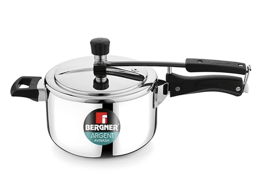 बर्गनर अर्जेन्ट ट्रिपली 18/10 स्टेनलेस स्टील 3.5 लीटर इनर लिड प्रेशर कुकर, रिवेटलेस तकनीक वाला प्रेशर कुकर, 2.5 मिमी बॉडी मोटाई, इंडक्शन बॉटम और गैस रेडी - सिल्वर 