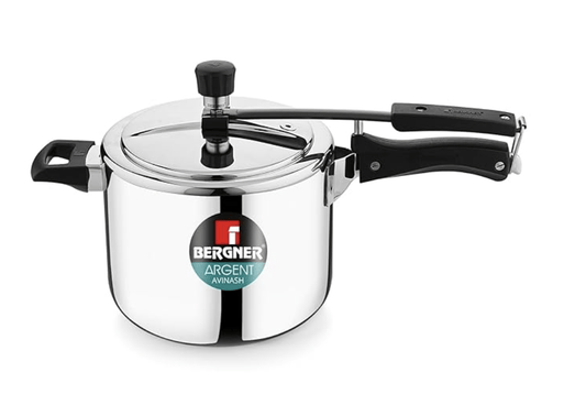 बर्गनर अर्जेन्ट ट्रिपली 18 10 स्टेनलेस स्टील 5 लीटर इनर लिड प्रेशर कुकर, रिवेटलेस तकनीक के साथ प्रेशर कुकर, 2.5 मिमी बॉडी मोटाई, इंडक्शन बॉटम और गैस रेडी सिल्वर, 5 साल की वारंटी 