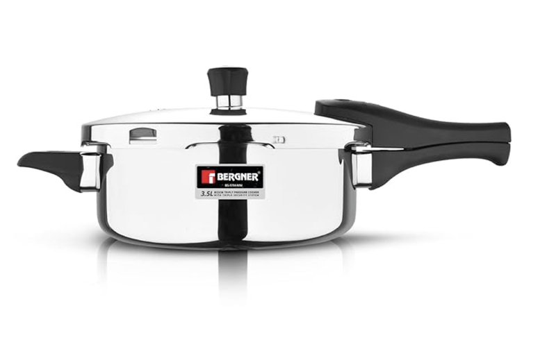 Bergner Argent Elements Triply Stainless Steel 3.5 Liters Outer Lid Pressure Pan, Triply Bottom Mini Pressure Cooker, Safety Gasket, Mirror Finish, Induction Bottom and Gas Stove Ready - Silver-1