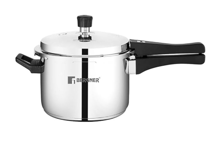 Bergner Sorrento Stainless Steel 5 Litres Outer Lid Pressure Cooker, 5 L Cooker with Outer Lid and Triply Base, Heavy Bottom, Easy Open and Close, Healthy Cooking, Induction Bottom and Gas Stove Ready